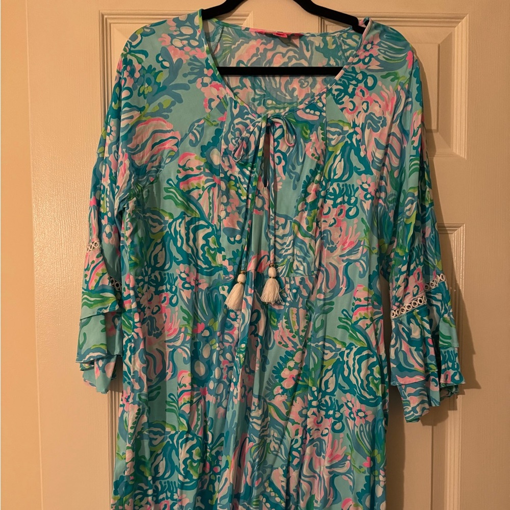 Tropical Floral Midi Dress in Blue and Pink